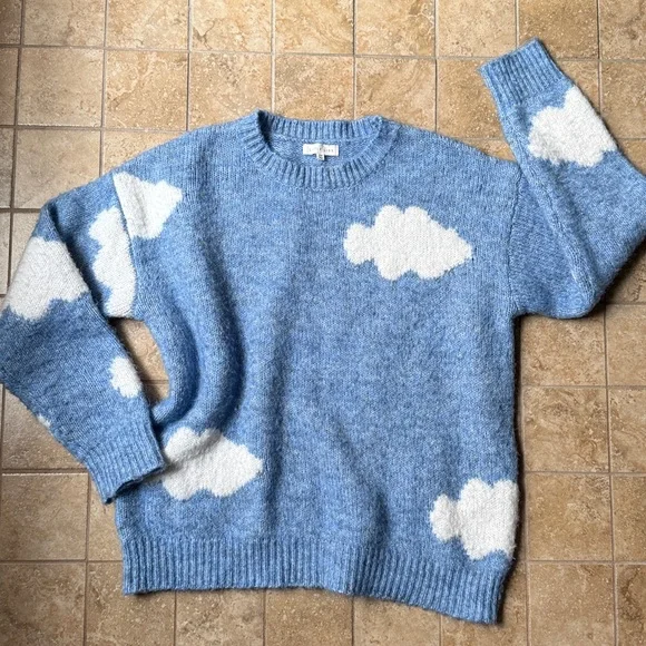 Anthropologie Little Lies Cassie Cloud Sweater Blue Gray Marled Crewneck RARE - Picture 1 of 16